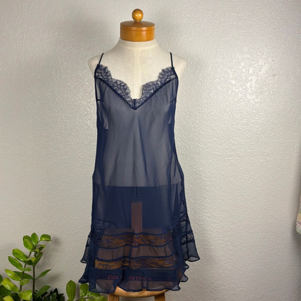 Victoria's Secret Chemise Women Large Navy Blue Sheer Lace Trim Babydoll